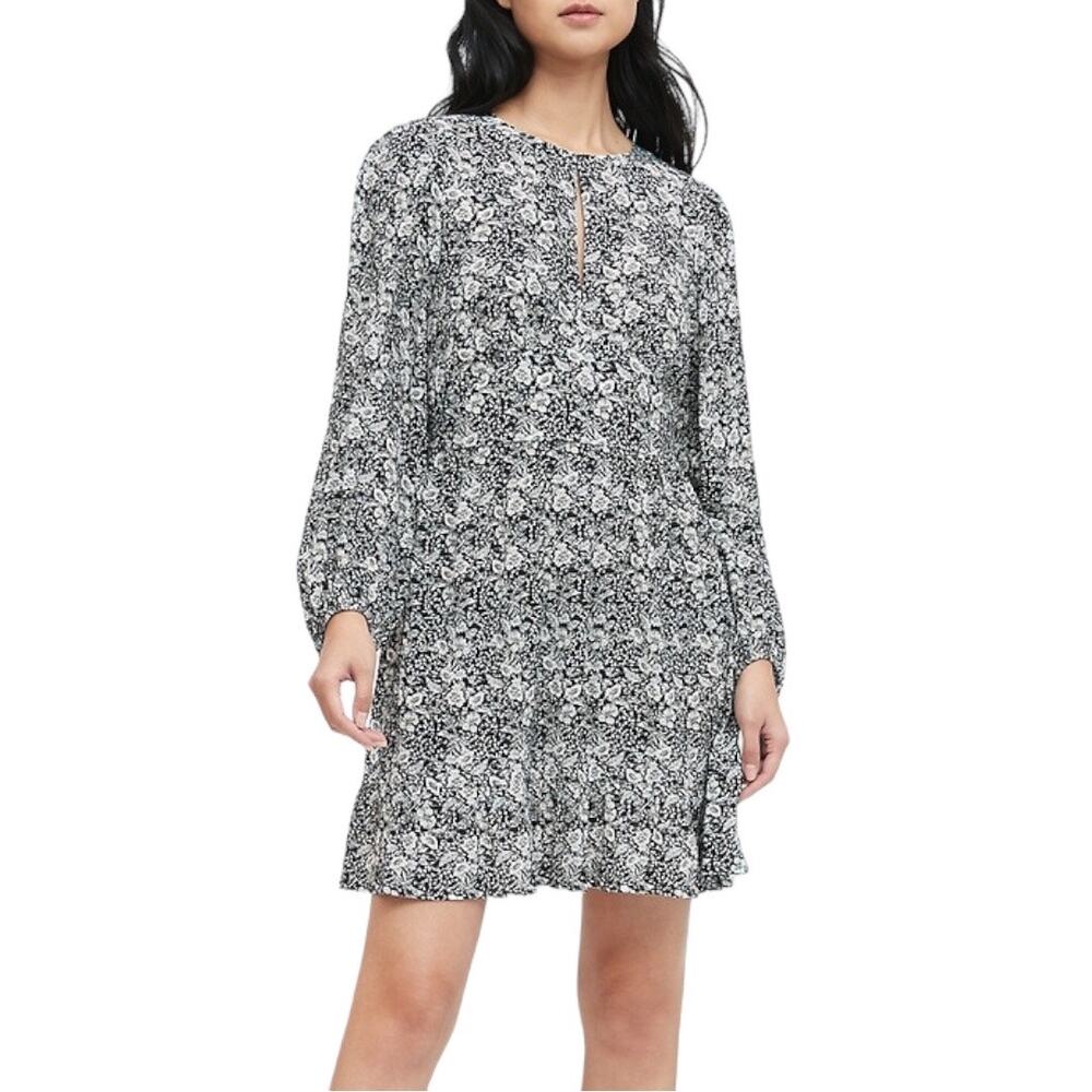 Banana Republic Womens Dress Size 4 Tall Black Floral Keyhole Long Sleeve Mini